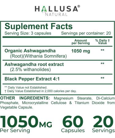 Organic Ashwagandha Capsules 1050 mg with Black Pepper | Herbal Supplement for Stress Focus Relaxation Energy & Vitality | High Potency Adaptogen Support for Men & Women | 60 Capsules - Buy Online on GoSupps.com