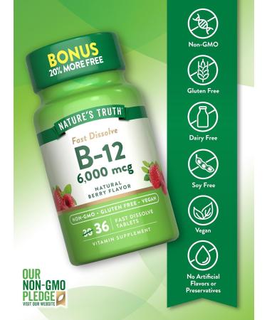 Nature's Truth B12 Vitamin 6000 mcg | Methylcobalamin | 36 Tablets | Fast Dissolve Natural Berry Flavor | Vegan Non-GMO & Gluten Free - Buy Online on GoSupps.com