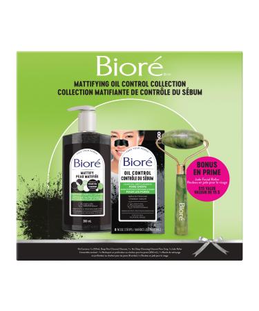Gift Pack | Biore Deep Cleansing Charcoal Gift Set Deep Pore Charcoal Cleanser Pore Strips for the face and Jade Roller| Blackhead removal with Natural Charcoal for Oily Skin