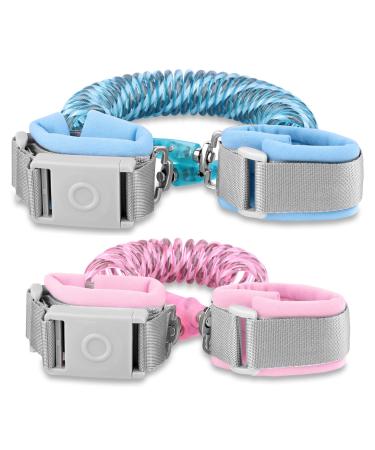 Anti Lost Wrist Link with Magnetic Induction Lock 2 Pack (4.92ft Pink+8.2ft Blue) Toddler Wrist Leash for Kids Child Safety Harness with Reflective Strip (Magnetic Unlock Design)