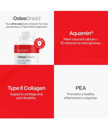 OsteoShield Peak Health Research - Bone & Joint Formula - Calcium Supplements for Women & Men with Vitamin D3 K2 & Aquamin - Triple Action Formula for Better Bone Health - 60 Capsules - Buy Online on GoSupps.com