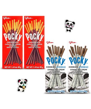 Pocky Sticks Cookies Japanese Snacks Variety Pack of 4 Asian Snacks - 2 x Chocolate and 2 x Cookies & Cream Pocky Bread Sticks with 2 Mystery Panda Stickers by Grateful Grocer Chocolate & Cookies & Cream 4 Pack