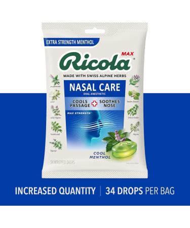 Ricola Max Cool Menthol Nasal Care Drops - 34 Count Pack - Cough Suppressant with Dual Action Liquid Center for Long-Lasting Relief - Buy Online on GoSupps.com