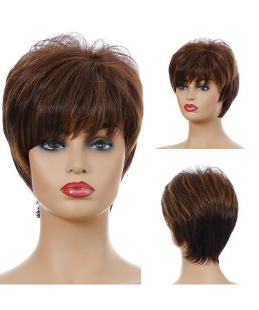 Meiriyfa short pixie cut wigs for women artificial hair wigs with side pony Brazilian short bob wig (brown with blonde highlights)
