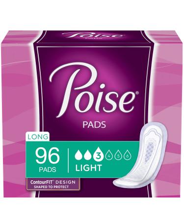 Poise Incontinence Pads for Women, Light Absorbency, Long Length, 96 Count (4 Packs of 24) (Packaging May Vary) Long Length (96 Count)