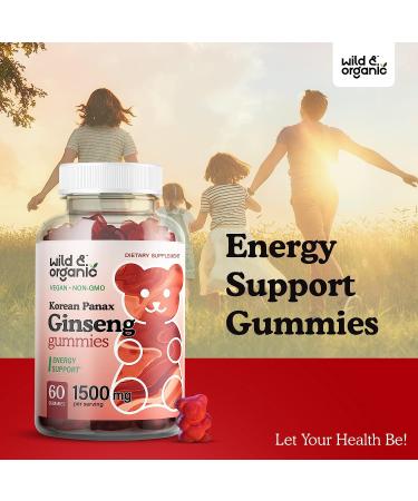 Wild & Organic Korean Panax Red Ginseng Gummies - Energy & Brain Supplements - Memory, Mental Focus, Mood Boost - Vegan 1500mg 60 Chews - Buy Online on GoSupps.com
