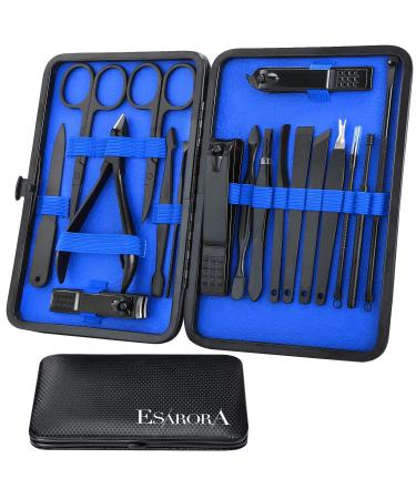 Manicure Set ESARORA 18 In 1 Stainless Steel Professional Pedicure Kit Nail Scissors Grooming Kit with Black Leather Travel Case 18 in 1 Blue