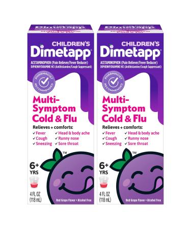 Children s Dimetapp Multi-Symptom Cold & Flu Medicine Antihistamine Cough Suppressant Relieves Fever Cough Sneezing Head & Body Ache Sore Throat Grape Flavor Alcohol-Free 4 FL OZ (Pack of 2)