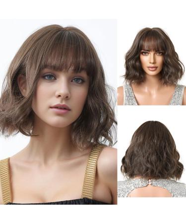 OUFEI Brown Wigs for Women Short Wavy Wig With Bangs Natural Synthetic Hair Heat Resistant Wigs for Daily Party Cosplay Wear Brown(1098-1)