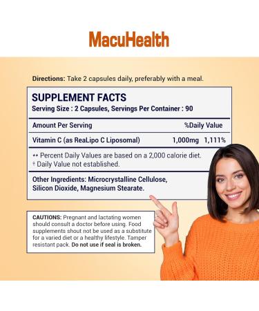 Macuhealth Liposomal Vitamin C 1000MG Per Serving - High Bioavailablity Vitamin with Fat-Soluble Antioxidants and Enhanced Absorption - 3 Month Supply - Buy Online on GoSupps.com