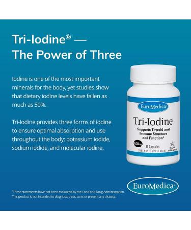 EuroMedica Tri-Iodine 6.25mg Capsules - Potassium, Sodium, & Molecular Iodine - Thyroid & Immune Support - 90 Servings - Buy Online on GoSupps.com