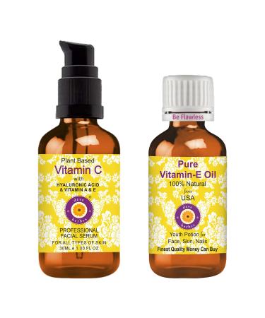 Deve Herbes Plant Based Vitamin C Face Serum with Hyaluronic Acid & Vitamin A & E for Personal Care 30ml (1 oz) + Pure Vitamin E Oil 30ml (1 oz)