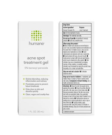 Humane Acne Spot Treatment Gel - 5% Benzoyl Peroxide for Blemish Relief - Aloe Vera and Licorice Root Extract - Vegan & Cruelty-Free - 1 Fl OZ - Buy Online on GoSupps.com