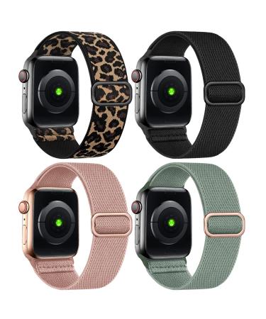 TreasureMax 4 Pack Stretchy Solo Loop Bands Compatible for Apple Watch 38mm 40mm 41mm 42mm 44mm 45mm Adjustable Nylon Elastic Braided Straps for iWatch Serie 8/7/6/SE/5/4 3/2/1 Women Men Cactus/Deep Pink/Black/Leopard 38MM/40MM/41MM