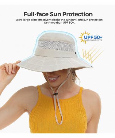 Women's UPF50+ Sun Hat with Ponytail Hole - Waterproof Beach Bucket Hat in Beige - Buy Online on GoSupps.com