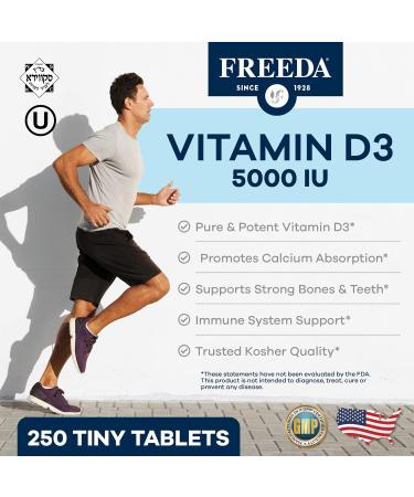 FREEDA Vitamin D3-5000 IU - Pure High Potency Kosher Supplement Tablets - Bone and Muscle Health Calcium Absorption Immune Support for Men and Women* - 250 Count - Buy Online on GoSupps.com