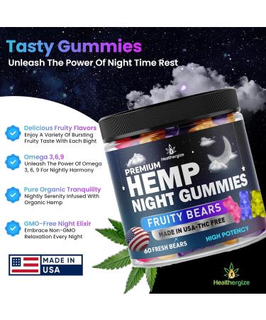 Healthergize Hemp Gummies Night Time, High Potency Nap Gummies, Peace and Relaxation, Hemp Oil Infused Gummy Bear, Good Mood, Calm, Restful Bedtime-Gomita para Dormir, Natural Hemp Oil-Made in USA - Buy Online on GoSupps.com