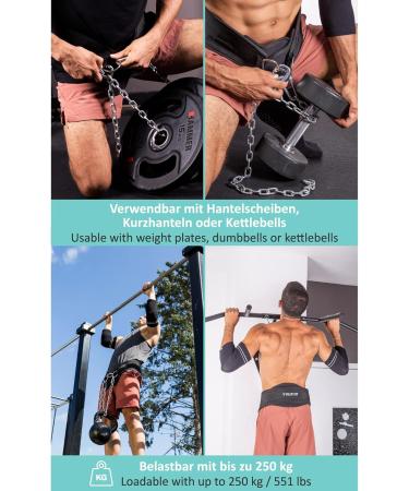 Pullup & DIP Belt with Chain & Carabiners | Neoprene Protected Weight Belt for Calisthenics Strength Training & Bodybuilding - Buy Online on GoSupps.com