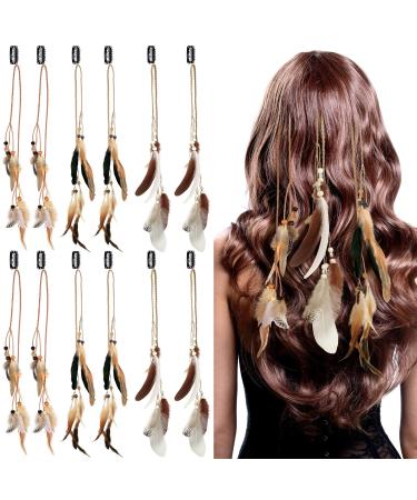 12 Pcs Feather Hair Clip Boho Hair Extensions with Feather Clip Comb Hippie DIY Accessories Hairpin Tribal Feather Braided Beads Headdress for Women (Stylish  Mixed Colors) Stylish Mixed Colors