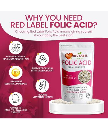 Red Label Health Folic Acid 400 mcg Tablets 365 Vitamin B9 Tablets (1 Year Supply) Folate Fertility Supplement for Women Vegan Vegetarian Supports Maternal Tissue Growth Made in The UK 1 count (Pack of 365) - Buy Online on GoSupps.com