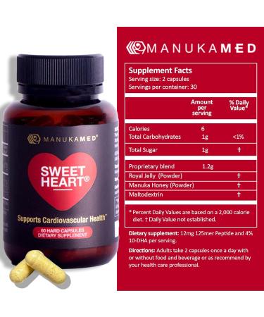 Sweetheart Natural Cholesterol Support Supplement - Manuka Honey Modified Royal Jelly Peptides - 60 Capsules New Zealand Manuka Honey - Buy Online on GoSupps.com