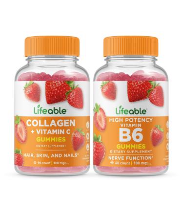 Lifeable Collagen & Vitamin C + Vitamin B6 Gummies Bundle - Great Tasting Vitamin Supplement Gluten Free GMO Free Chewable Gummy
