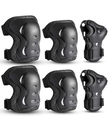 Kids/Youth/Adult Knee Pads Elbow Pads with Wrist Guards Protective Gear Set 6 Pack for Rollerblading Skateboard Cycling Skating Bike Scooter Riding Sports Black Large