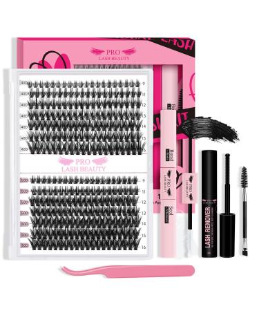DIY eyelash extension kit individual eyelashes kit with 280 PCs cluster eyelash binding and seal eyelash applianter eyelash brush for beginners (40d+50d-9-16mix kit) 9-16 MIX 40D+50D-D kit (g)