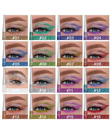 16 Colors Glitter Liquid Eyeliner Set - Waterproof, Long Lasting Eye Makeup Kit for Women - Green, Purple, Blue, Pink, White, Silver, Gold Colored Eyeliners - Buy Online on GoSupps.com