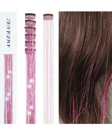 Clip in Hair Tinsel Kit 6 Pcs 19.6 Inch Pink Hair Tinsel Clip in Heat Resistant Glitter Tinsel Hair Extension Dazzle Fairy Hair Accessories for Women Girls Kids Festival Gift Party