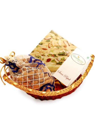 Ghasitaram Gifts Indian Sweets - Diwali Gifts Diwali Hampers- Boat Basket with Soan Papdi and Almonds Pouch