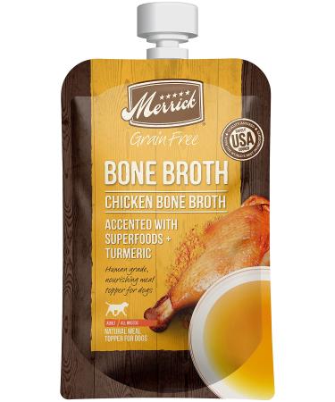 Merrick Grain Free Bone Broth Natural Dog Food Topper, Chicken Bone Broth, Accented with Superfoods & Turmeric, For Adult Dogs of All Breeds, 7 OZ Pouch (Pack of 1)