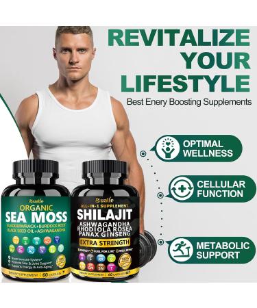 Bualle Sea Moss and Shilajit Bundle-Sea Moss 300mg,Black Seed Oil 100mg,Ashwagandha 50mg,Ginger & Shilajit 300mg,Rhodiola Rosea 100mg,Panax Ginseng 50mg,All in 1 Supplements-USA Made(2 Pack) 60 Count (Pack of 2) Sea Moss Sh  - Buy Online on GoSupps.com