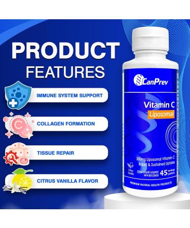 CanPrev Liposomal Vitamin C 500mg with Vitamin E 10 IU 225ml - Citrus Vanilla Flavor - Liquid Vitamin C Complex - Enhanced Absorption - Antioxidant Supplement - Maintenance of Bones Teeth & Gums - Buy Online on GoSupps.com