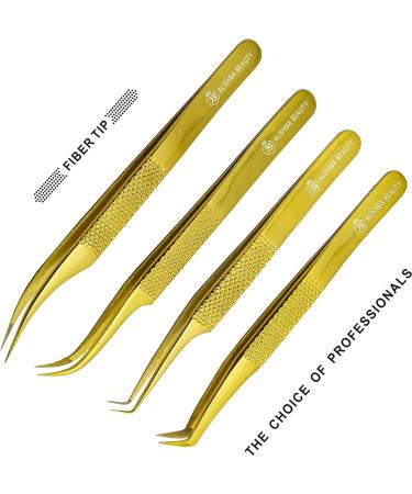 Alishba Beauty Eyelash Extension Tweezers Set - Precision Fiber Tip Japanese Stainless Steel (Gold) - Pack of 4 - Buy Online on GoSupps.com