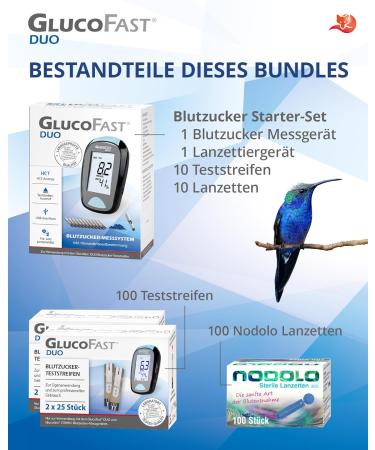 Gluco Fake Duo Blood Sugar Measuring Device Set | 110 Test Strips & Lanzetten | Precise Blood Sugar Measurement | Easy to Use | MMOL/L - Buy Online on GoSupps.com