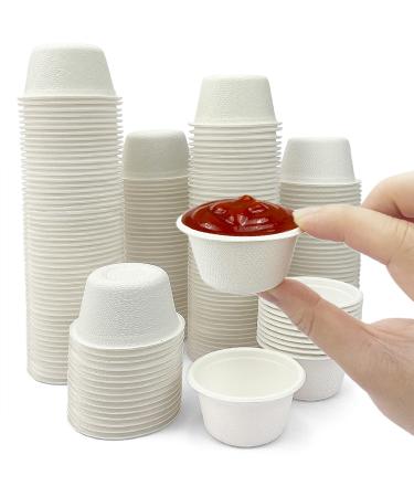 CAMKYDE 2 oz Disposable Bagasse Fiber Souffle Cups 100pk 100% Natural Biodegradable Compostable Condiment Cups Sample Cups Tasting Cups (White Pack of 100) 2.0 Fluid Ounces White Color 100 Condiment Cups