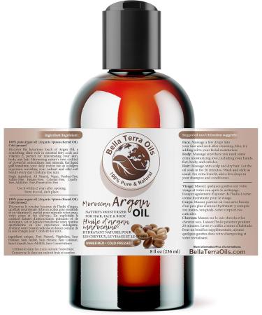 Bella Terra Oils Moroccan Argan Oil. 236ml. 100% Pure. Cold-pressed. Unrefined. Non-comegodenic. Rich in Vitamin E. Natural Moisturizer for Skin Hair. 236 ml (Pack of 1) - Buy Online on GoSupps.com