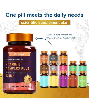 Vccvaa 13-in-1 Vitamin B Complex Plus with Biotin Inositol Folate B12 C D3 K2 Energy Nerve & Immune Support for Men & Women Vegan Non-GMO 120 Capsules - Buy Online on GoSupps.com