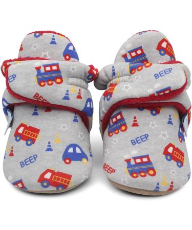 Dotty Fish Baby Booties | Fleece-Lined | Non-Slip Sole | Grey Trains & Cars | 0-6 Months - Buy Online on GoSupps.com