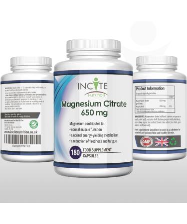High Strength Magnesium Citrate 650mg | 180 Vegan Capsules | 6 Month Supply | Made in UK by Incite Nutrition - Buy Online on GoSupps.com
