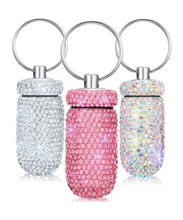 3 Pieces Bling Portable Pill Container Keychain Pill Bottle Case Waterproof Travel Pill Holder Storage with Keychain for Outdoor Camping Traveling