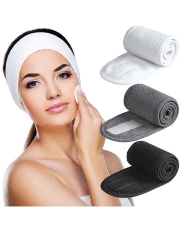 Spa Headband - Denfany 3 Pack Ultra Soft Adjustable Face Wash Headband Terry Cloth Stretch Make Up Wrap for Face Washing, Shower, Facial Mask, Yoga (Black + White + Gray)