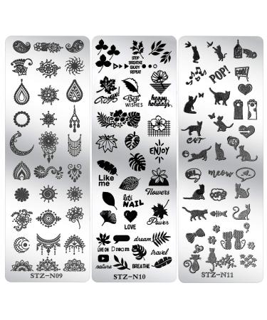 Mwoot 6Pcs Nail Art Stamping Plate Set - Cat, Feather, Snowflakes, Leaves Theme Manicure Print Tool - Buy Online on GoSupps.com