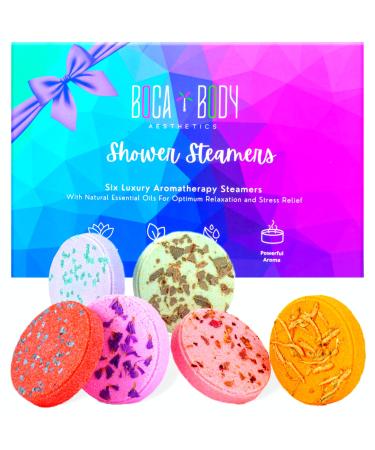 Boca Body Aesthetics Luxury Aromatherapy Shower Steamers (Set of 6) Shower Bombs with Therapeutic Oils for Self Care and Relaxation Great Birthday Gifts for Men & Women