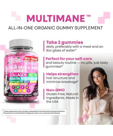 Clean Nutraceuticals Biotin Collagen Keratin Gummies | Hair Skin and Nails Vitamins for Women | Hyaluronic Acid Bamboo Vitamin A C D3 E Folate with Saw Palmetto Silica B3 B12 Vegan Gummy - Buy Online on GoSupps.com