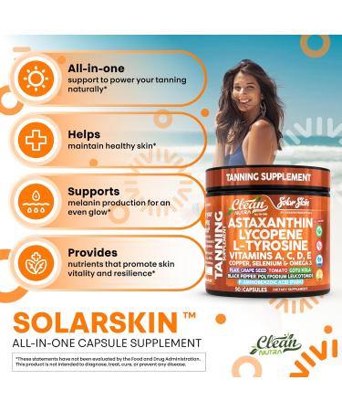 Solar Skin Astaxanthin Tanning Supplement Lycopene L-Tyrosine Vitamins A C D E PABA Beta Carotene Selenium Grapeseed Extract Omega 3 Flax Seed Copper Capsules by Clea Nutra - Buy Online on GoSupps.com