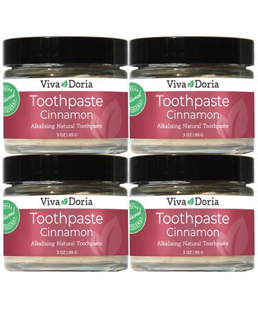 Pack of 4 Viva Doria Natural Toothpaste Fluoride Free Tooth Paste - Cinnamon, Refreshes Mouth, Freshens Breath, Keeps Teeth and Gum Healthy, Cinnamon Flavor, 3 oz Glass jar