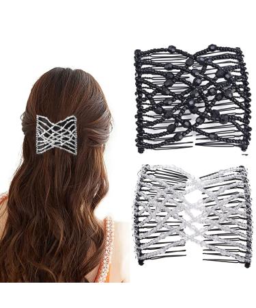 Stretch Beaded Hair Combs Magic Crystal Beads Slides Elastic Pearls Double Combs Vintage Double Slide Clips DIY Hair Accessories for Women 2PCS