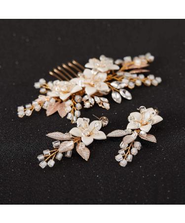 SWEETV Handmade Gold Wedding Hair Comb and Bridal Earrings Set - Elegant Accessories for Brides - Buy Online on GoSupps.com
